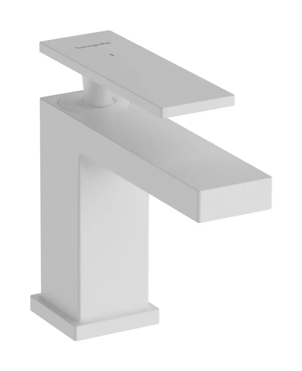Hansgrohe Standventil in Mattweiß mit Hebelgriff, geeignet für Kaltwasser oder vorgemischtes Wasser, ohne Ablaufgarnitur. Geometrisches Design mit quadratischer Form.